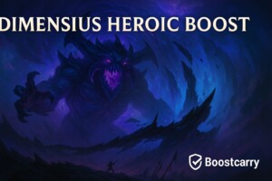 WoW Dimensius Heroic Boost – The War Within raid carry with Ahead of the Curve achievement by Boostcarry, Blizzard-style artwork with void energy