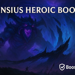 WoW Dimensius Heroic Boost – The War Within raid carry with Ahead of the Curve achievement by Boostcarry, Blizzard-style artwork with void energy