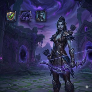 WoW Haronir Allied Race Unlock Boost - Female Haronir character with achievement, mount, and heritage armor reward icons