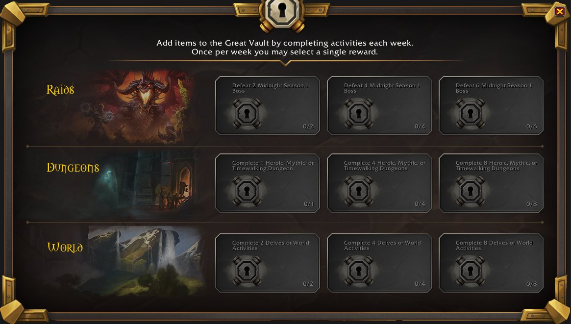 WoW Midnight Great Vault interface with Raid, Dungeons, and World reward rows
