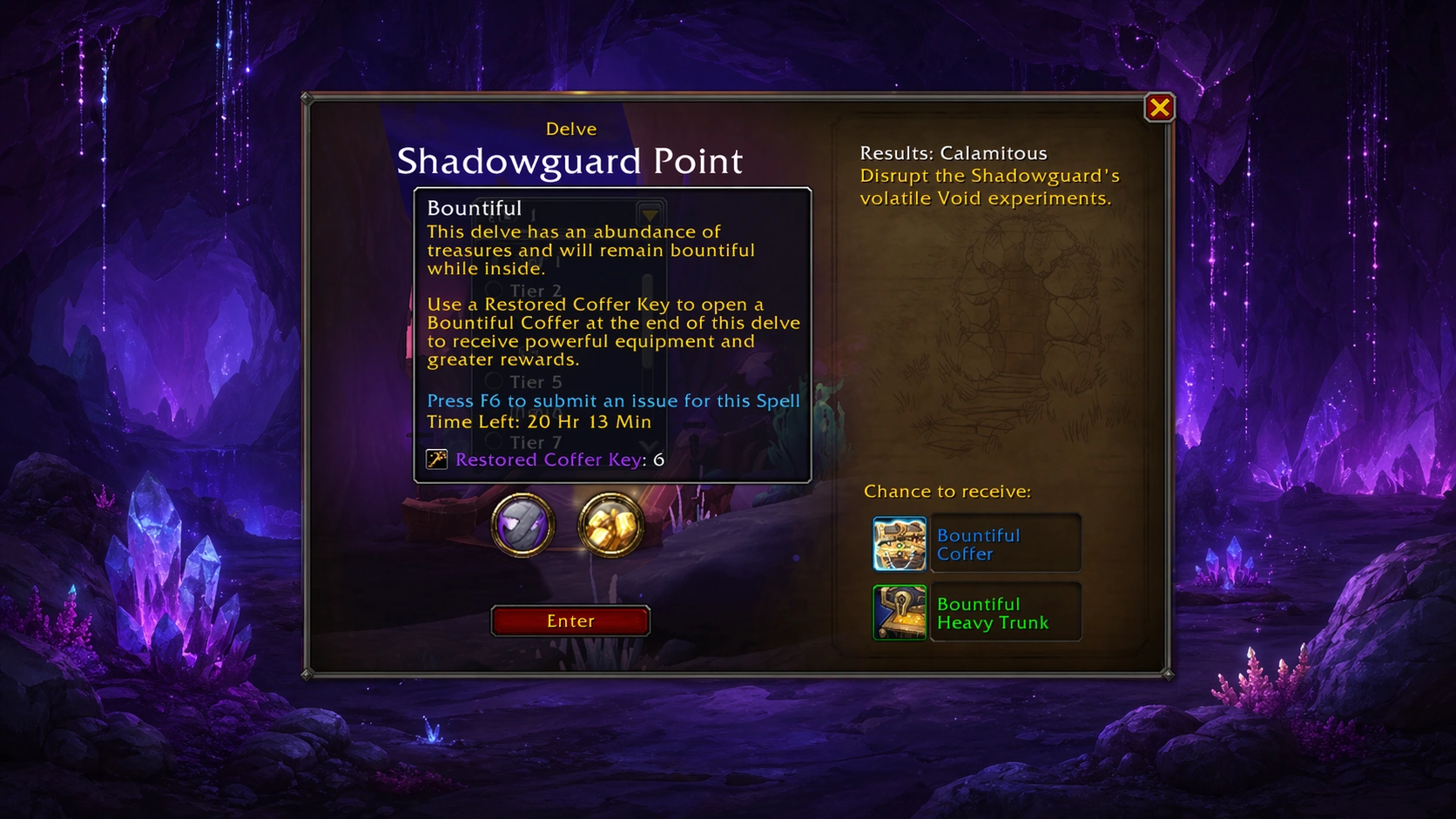 Shadowguard Point Bountiful Delve Entrance UI Shadowguard Point Bountiful Delve entrance UI with Restored Coffer Key requirement