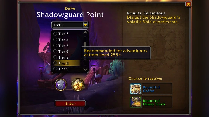 WoW Midnight Delve Tier Dropdown UI WoW Midnight Delve tier dropdown UI showing selectable Delve difficulty levels